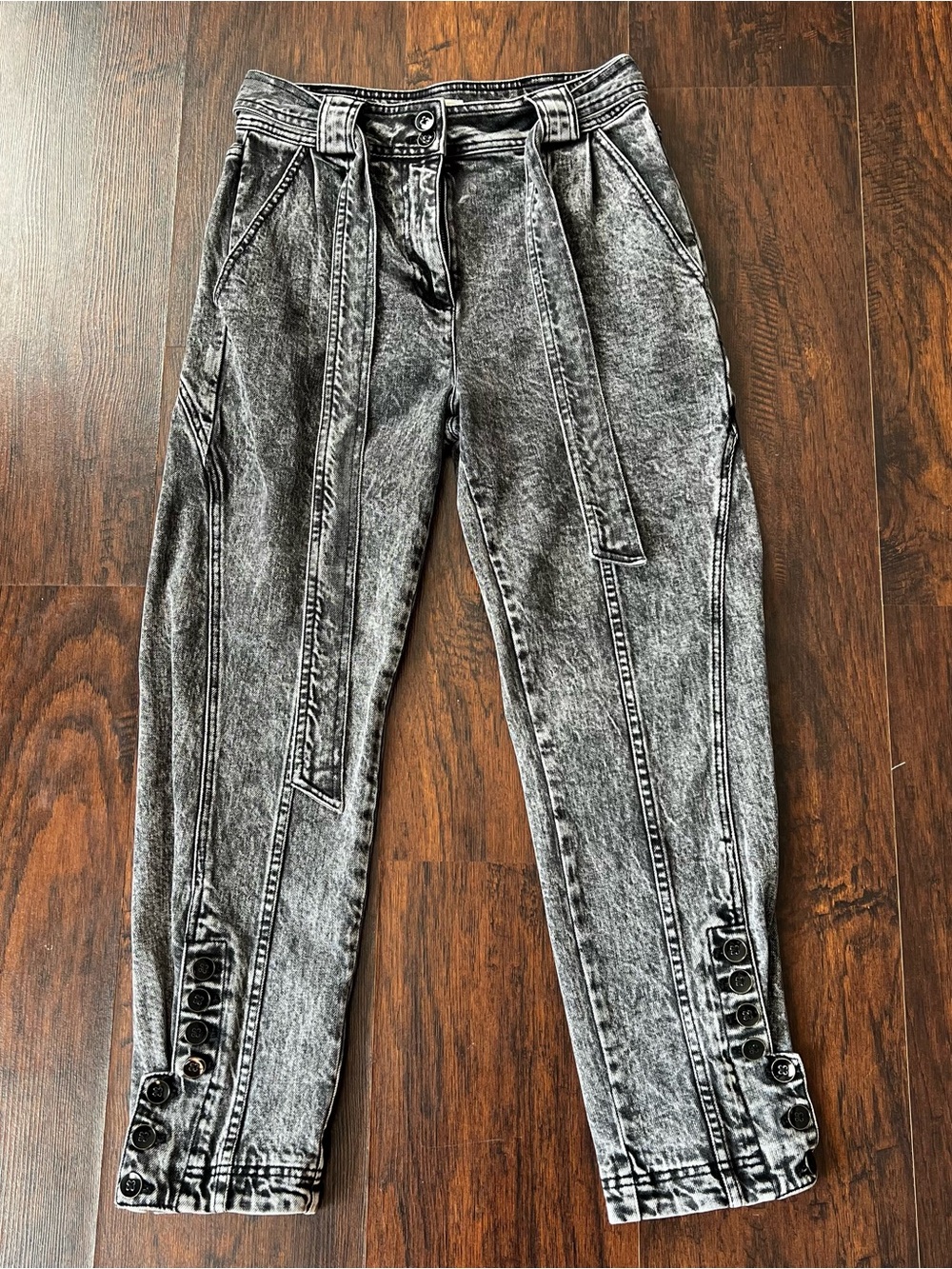 Ulla Johnson Carmen Acid Wash Tie Waist Tapered Jeans Black 4 Grunge Avant Garde